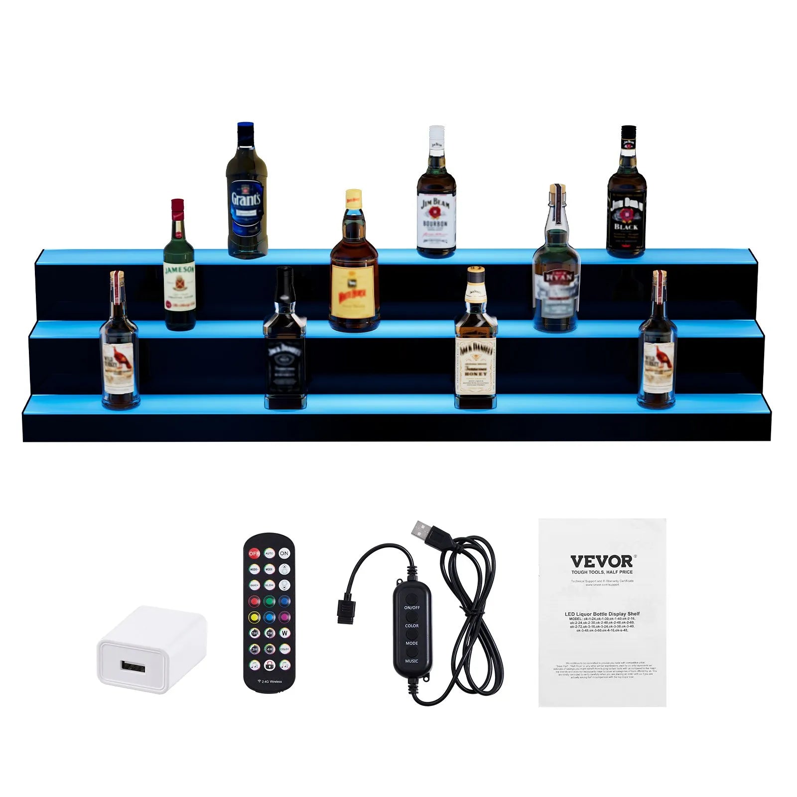 VEVOR LED Lighted Liquor Bottle Display Bar Shelf RF & App Control 48