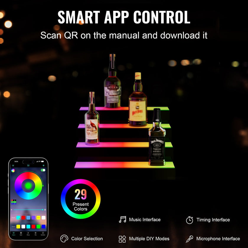 VEVOR LED Lighted Liquor Bottle Display Bar Shelf RF & App Control 16