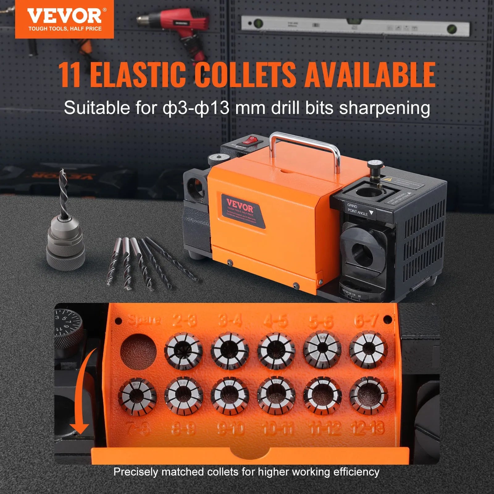 VEVOR Drill Bits Sharpener, MR-13A Bits Grinder Sharpener 3-13mm, 95° to 135° Point Angle Adjustable Drill Bit Re-Sharpener, Portable Bits Sharpening Machine with 11 Collets, CBN Wheel for HSS