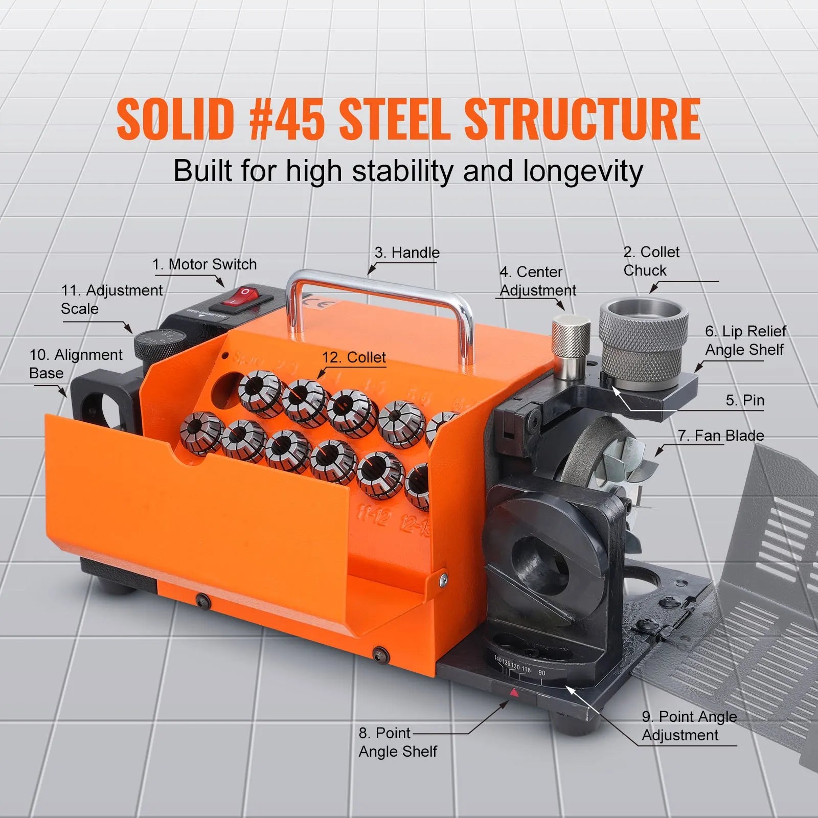 VEVOR Drill Bits Sharpener, MR-13A Bits Grinder Sharpener 3-13mm, 95° to 135° Point Angle Adjustable Drill Bit Re-Sharpener, Portable Bits Sharpening Machine with 11 Collets, CBN Wheel for HSS