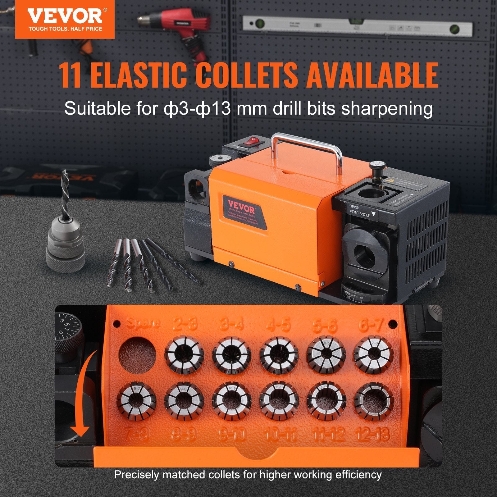 VEVOR Drill Bits Sharpener, 3-13mm Bits Grinder Sharpener, Lip Relief Angle & 95°-135° Point Angle Adjustable Drill Bit Re-Sharpener, Portable Sharpening Machine with 11 Collets, CBN & SDC Wheel