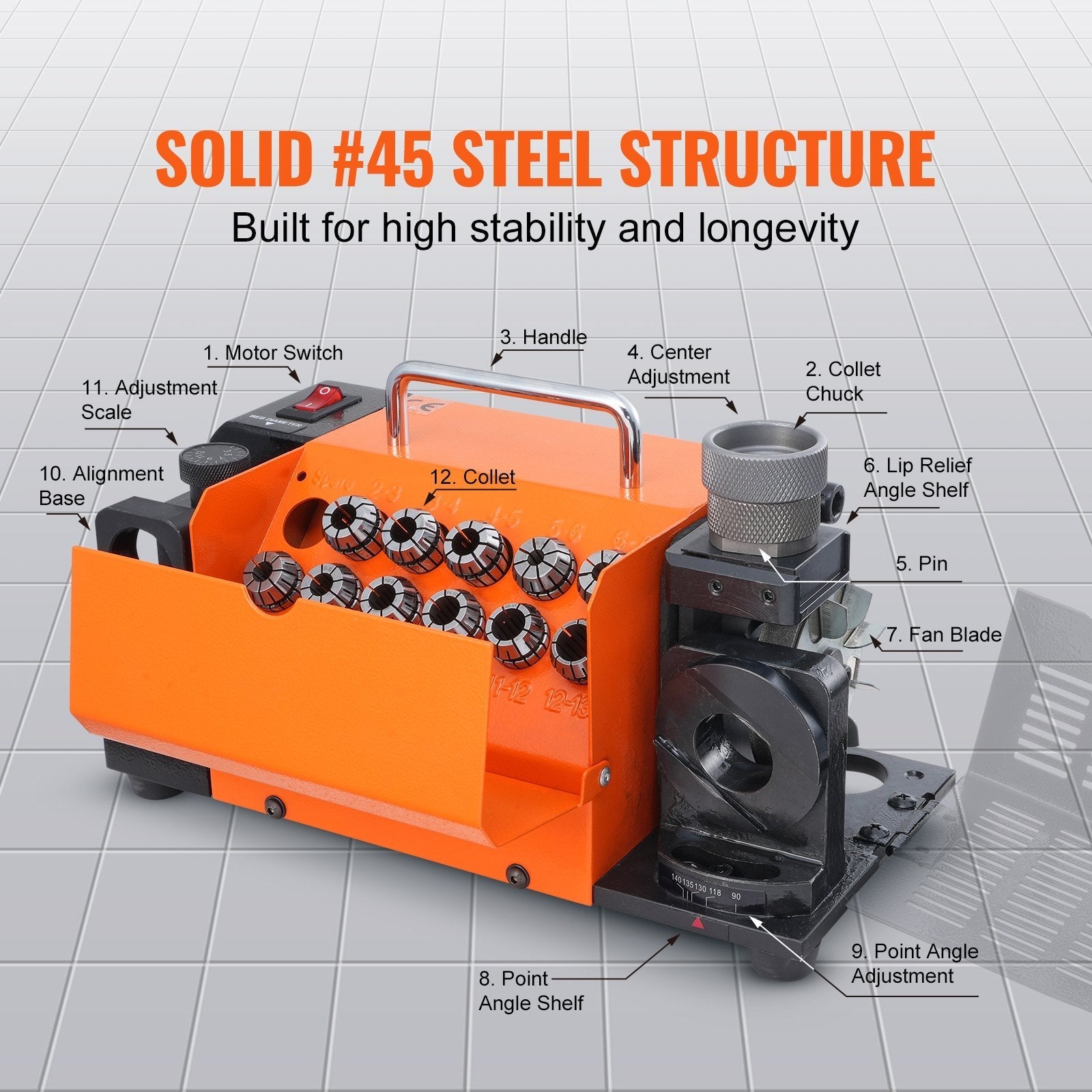 VEVOR Drill Bits Sharpener, 3-13mm Bits Grinder Sharpener, Lip Relief Angle & 95°-135° Point Angle Adjustable Drill Bit Re-Sharpener, Portable Sharpening Machine with 11 Collets, CBN & SDC Wheel