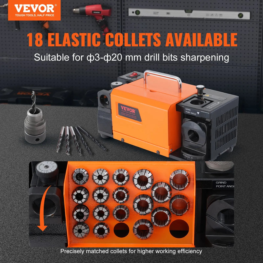 VEVOR Drill Bits Sharpener, 3-20mm Bits Grinder Sharpener, Lip Relief Angle & 95°-135° Point Angle Adjustable Drill Bit Re-Sharpener, Portable Sharpening Machine with 18 Collets, CBN & SDC Wheel
