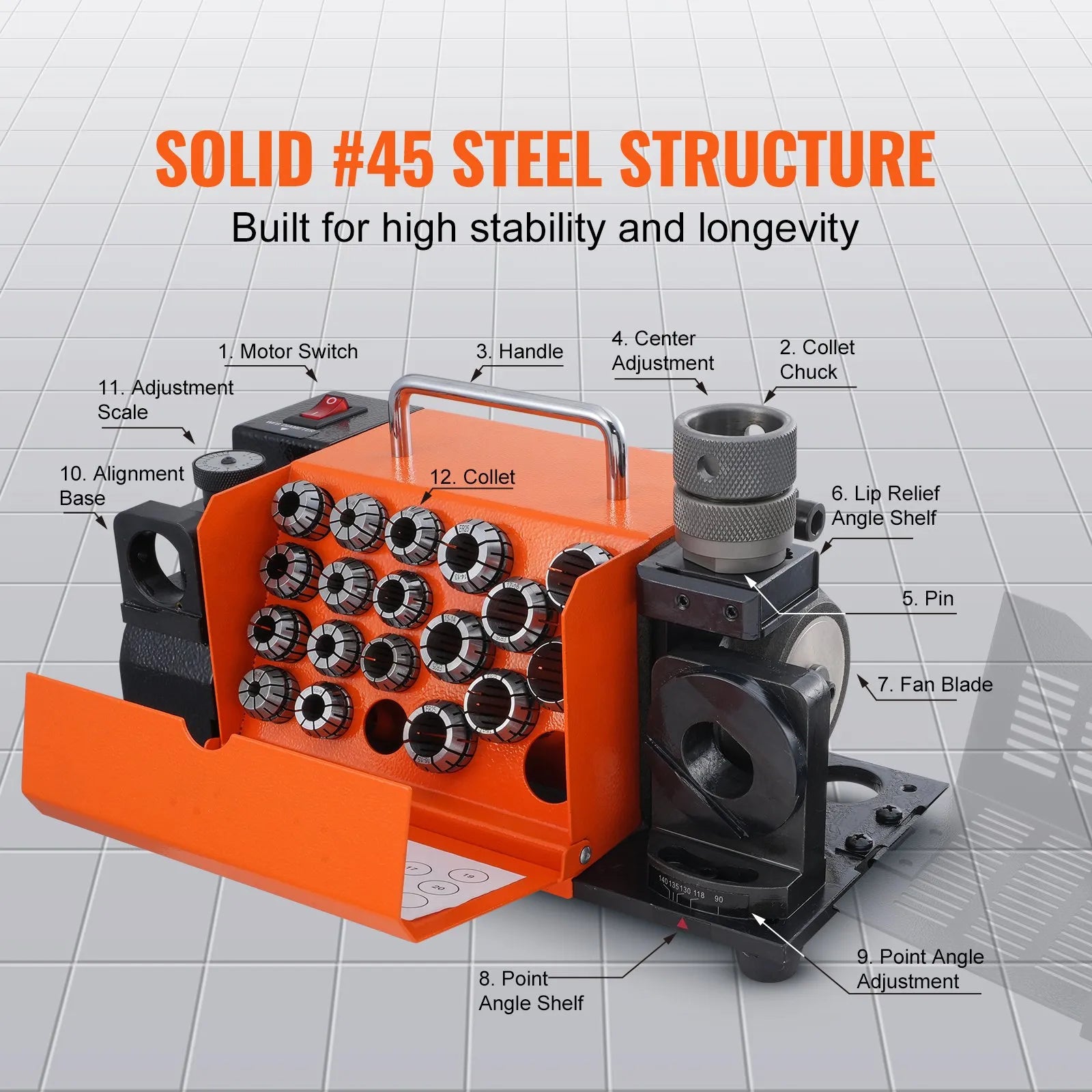 VEVOR Drill Bits Sharpener, 3-20mm Bits Grinder Sharpener, Lip Relief Angle & 95°-135° Point Angle Adjustable Drill Bit Re-Sharpener, Portable Sharpening Machine with 18 Collets, CBN & SDC Wheel