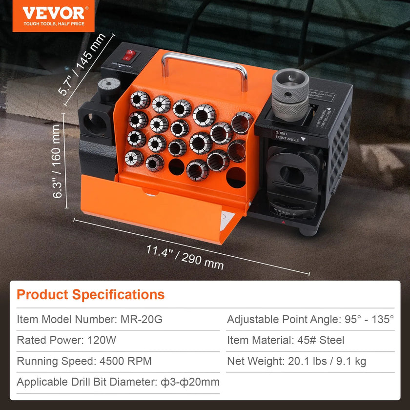 VEVOR Drill Bits Sharpener, 3-20mm Bits Grinder Sharpener, Lip Relief Angle & 95°-135° Point Angle Adjustable Drill Bit Re-Sharpener, Portable Sharpening Machine with 18 Collets, CBN & SDC Wheel