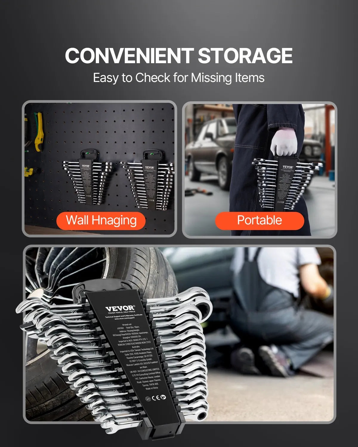 VEVOR Combination Wrench Set 16-Piece Metric 8 mm to 24 mm with Organizer Rack