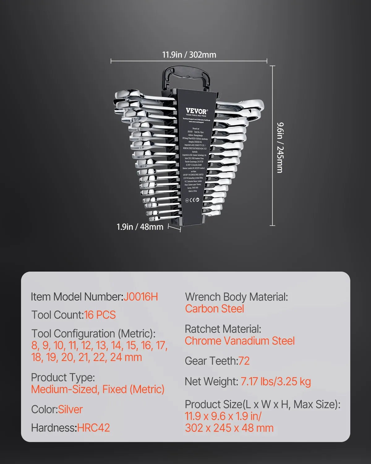 VEVOR Combination Wrench Set 16-Piece Metric 8 mm to 24 mm with Organizer Rack