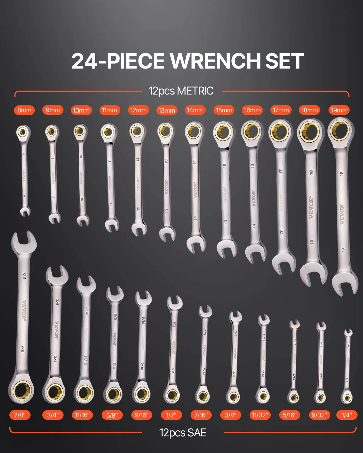 VEVOR Combination Wrench Set 24 PCS SAE 1/4