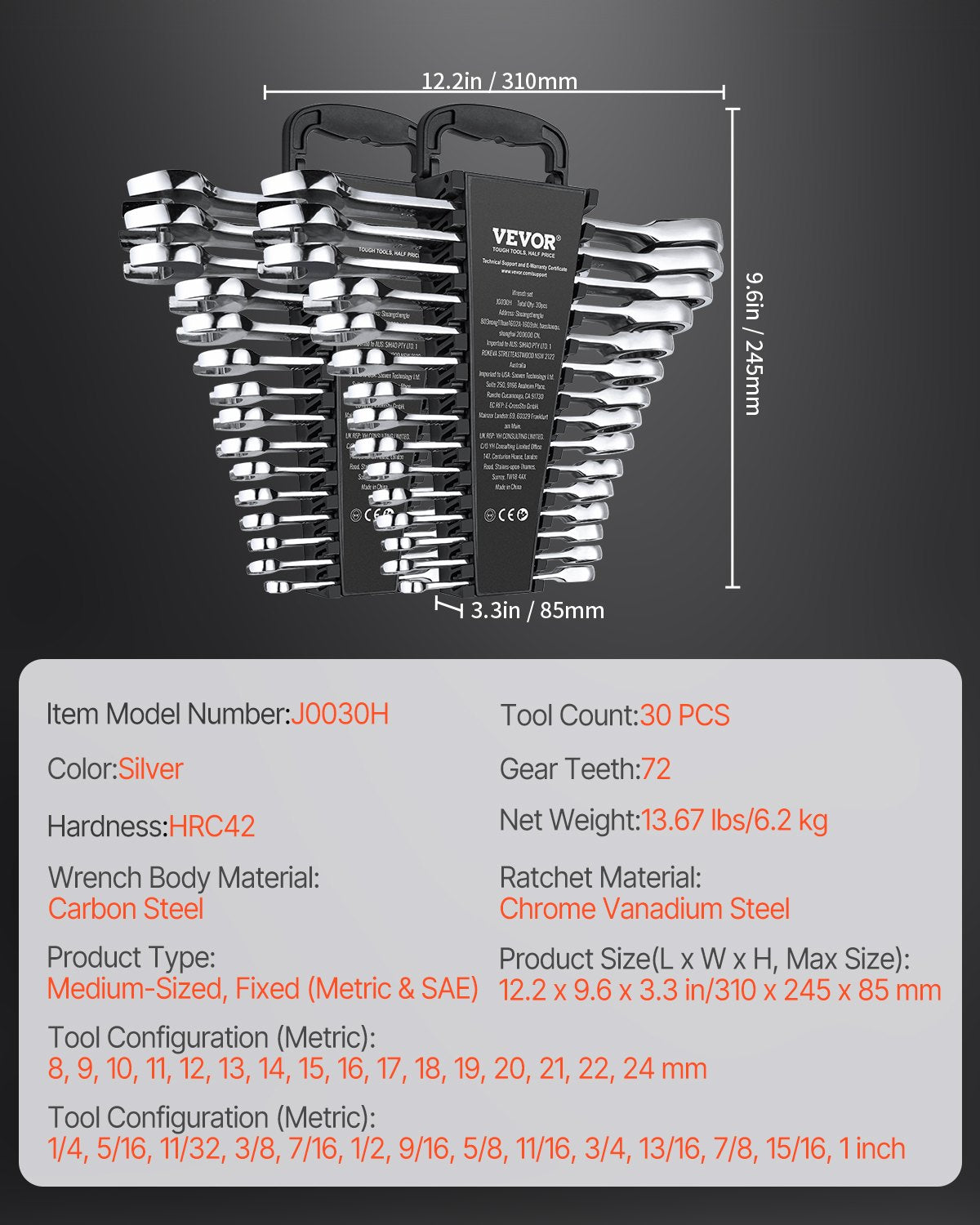 VEVOR Combination Wrench Set 30 PCS SAE 1/4