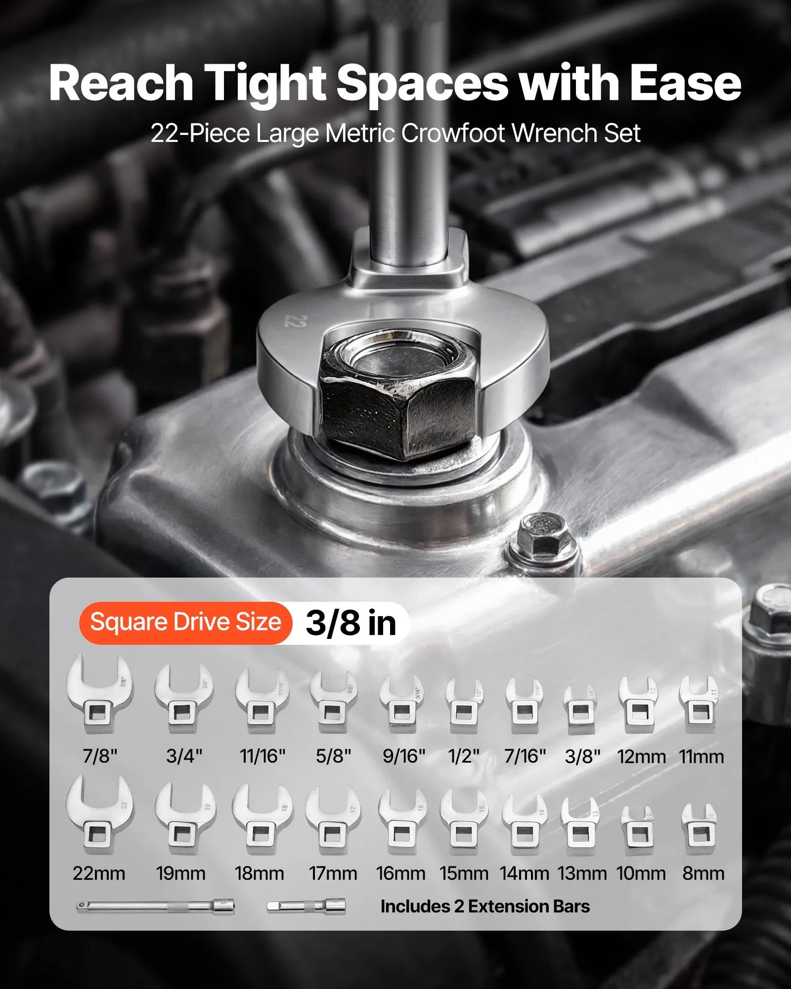 Crowfoot Wrench Set – 22-Piece Metric & SAE Crows Foot Wrench Set, 3/8