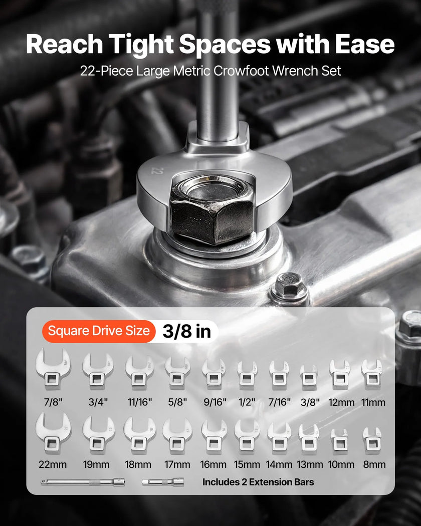 Crowfoot Wrench Set – 22-Piece Metric & SAE Crows Foot Wrench Set, 3/8
