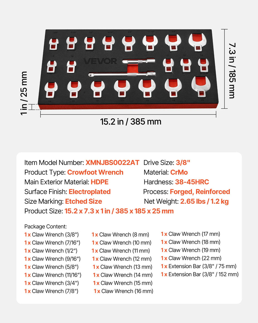 Crowfoot Wrench Set – 22-Piece Metric & SAE Crows Foot Wrench Set, 3/8