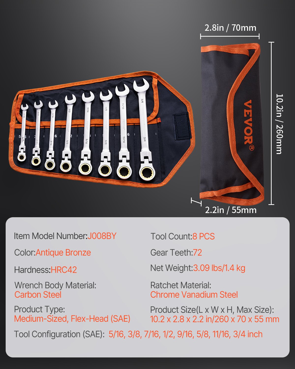 VEVOR Flex-Head Ratcheting Wrench Set 8 PCS SAE 5/16