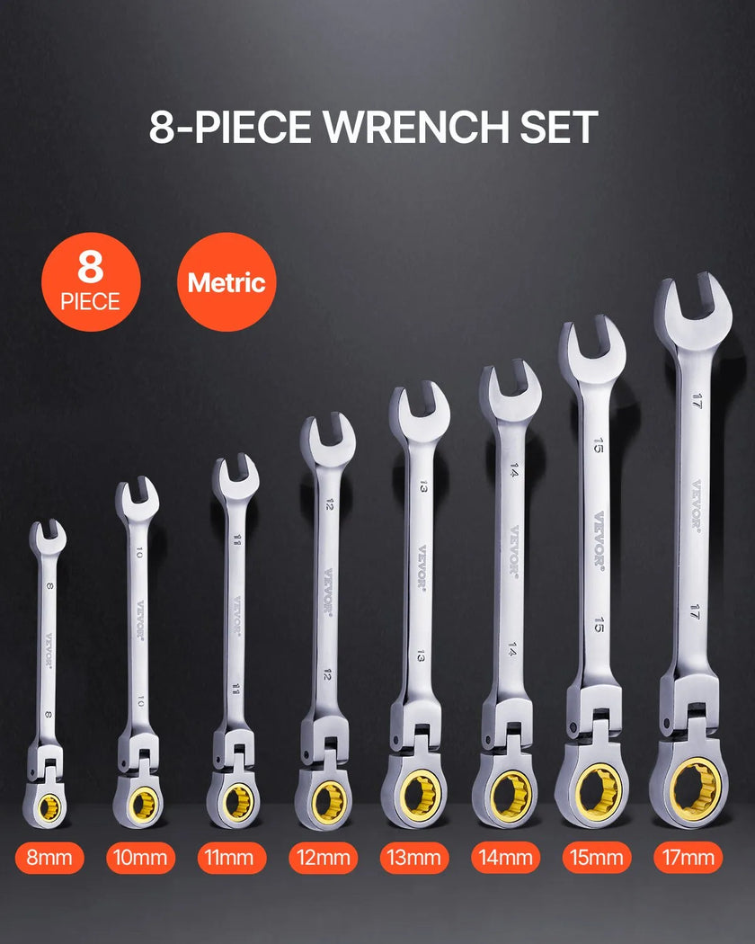 VEVOR Flex-Head Ratcheting Wrench Set 8 PC Metric 8 mm-17 mm with Roll-up Pouch