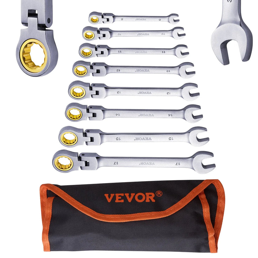 VEVOR Flex-Head Ratcheting Wrench Set 8 PC Metric 8 mm-17 mm with Roll-up Pouch