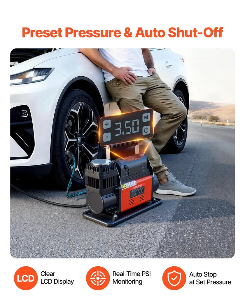 VEVOR 12V Heavy Duty Air Compressor, Auto-Stop Portable Tire Inflator with LCD Digital Display, 7.14 CFM 150PSI Offroad Air Pump with Adapters for Trucks Car SUV 4 x 4 Vehicle RV