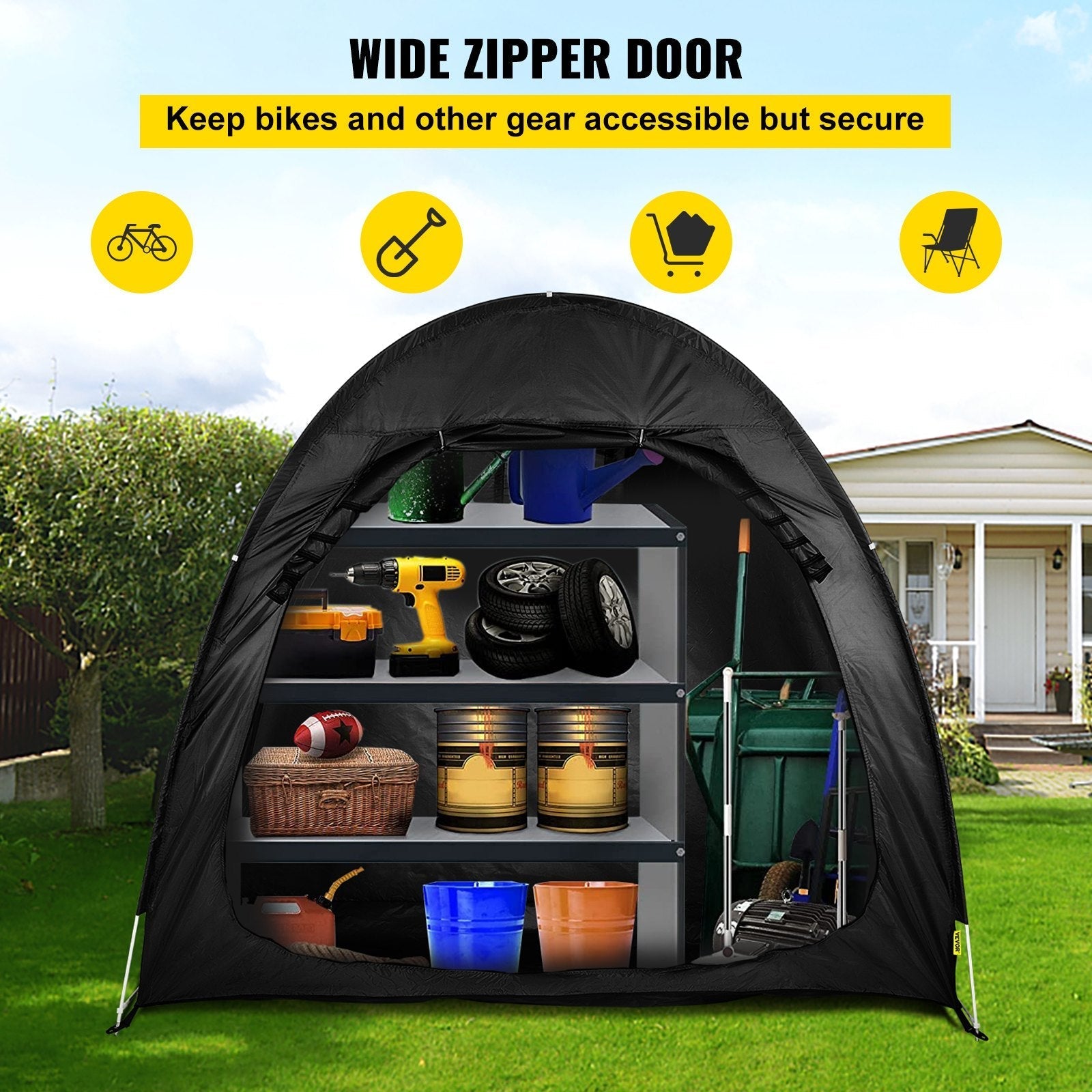 VEVOR Bike Cover Storage Tent, 420D Oxford Portable for 2 Bikes, Outdoor Waterproof Anti-Dust Bicycle Storage Shed, Heavy Duty for Bikes, Lawn Mower, and Garden Tools, w/ Carry Bag and Pegs, Black