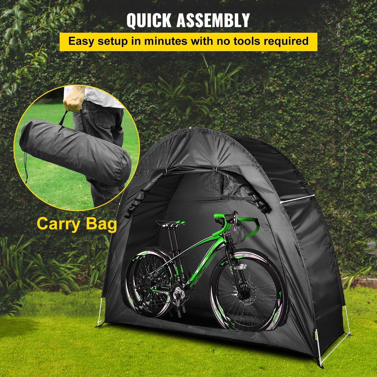 VEVOR Bike Cover Storage Tent, 420D Oxford Portable for 2 Bikes, Outdoor Waterproof Anti-Dust Bicycle Storage Shed, Heavy Duty for Bikes, Lawn Mower, and Garden Tools, w/ Carry Bag and Pegs, Black