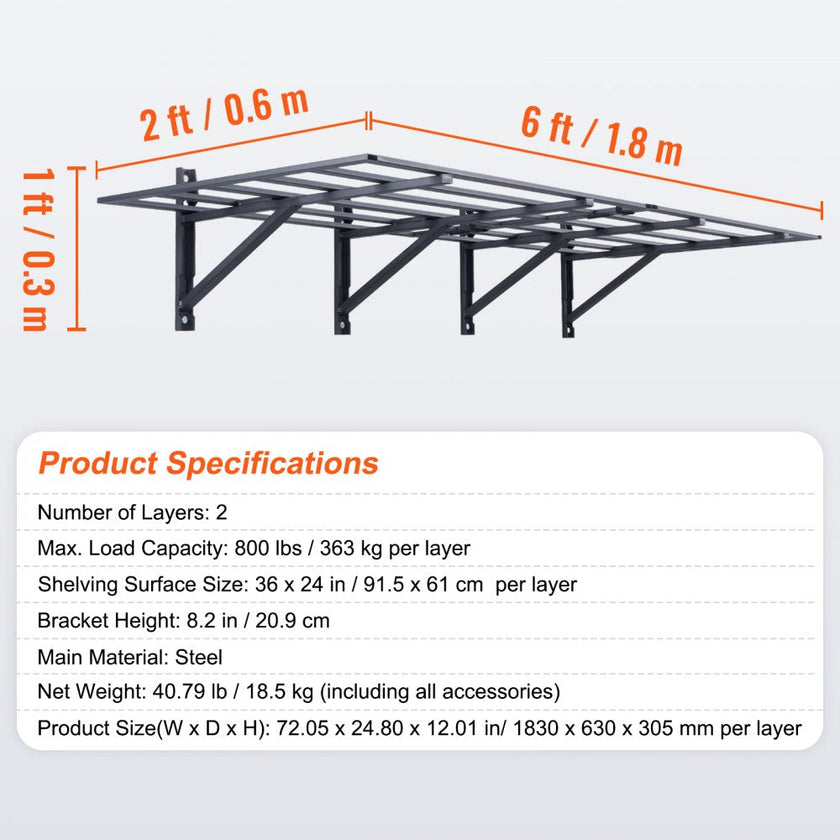 VEVOR Garage Storage Shelving, 2 Pack, 6 x 2 ft Heavy Duty Garage Shelves Wall Mounted, 1600 lbs Load Capacity(Total) Garage Storage Rack Floating Shelves, Suitable for Shop, Shed, Garage Storage