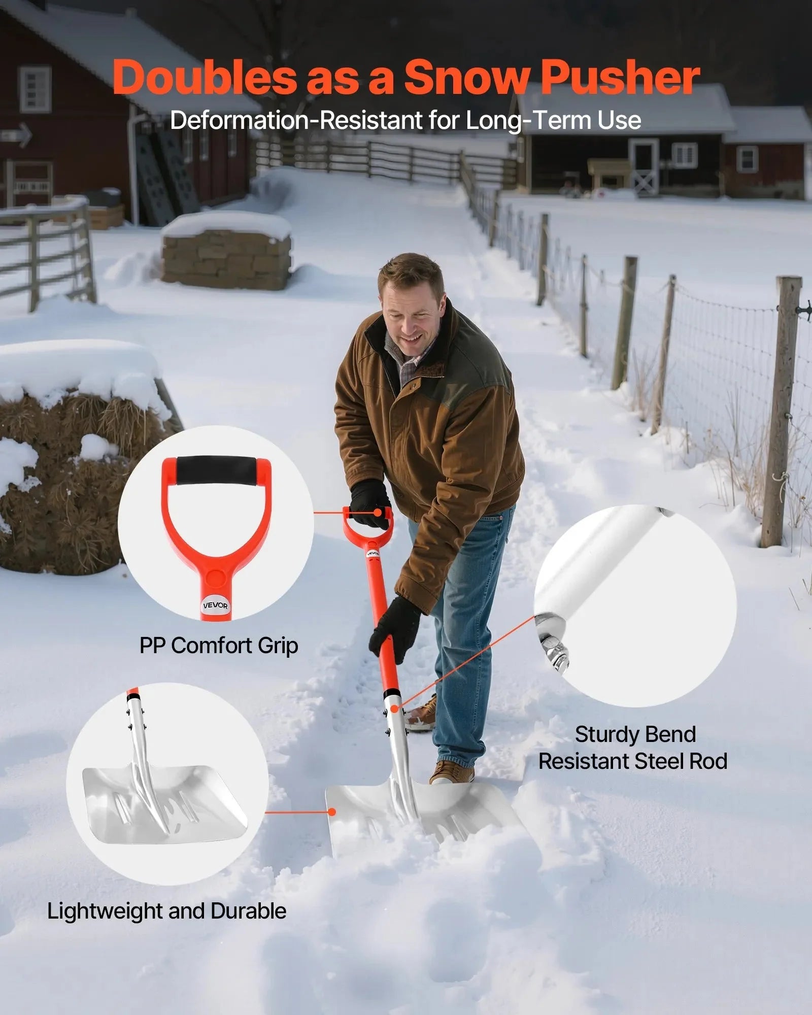 VEVOR Snow Shovel for Driveway, 14 in Wide Aluminum Alloy Snow Shovel with D-shaped Handles, Large Capacity Snowplow Shovels, Lightweight Snows Removal Tool for Garden Car Camping