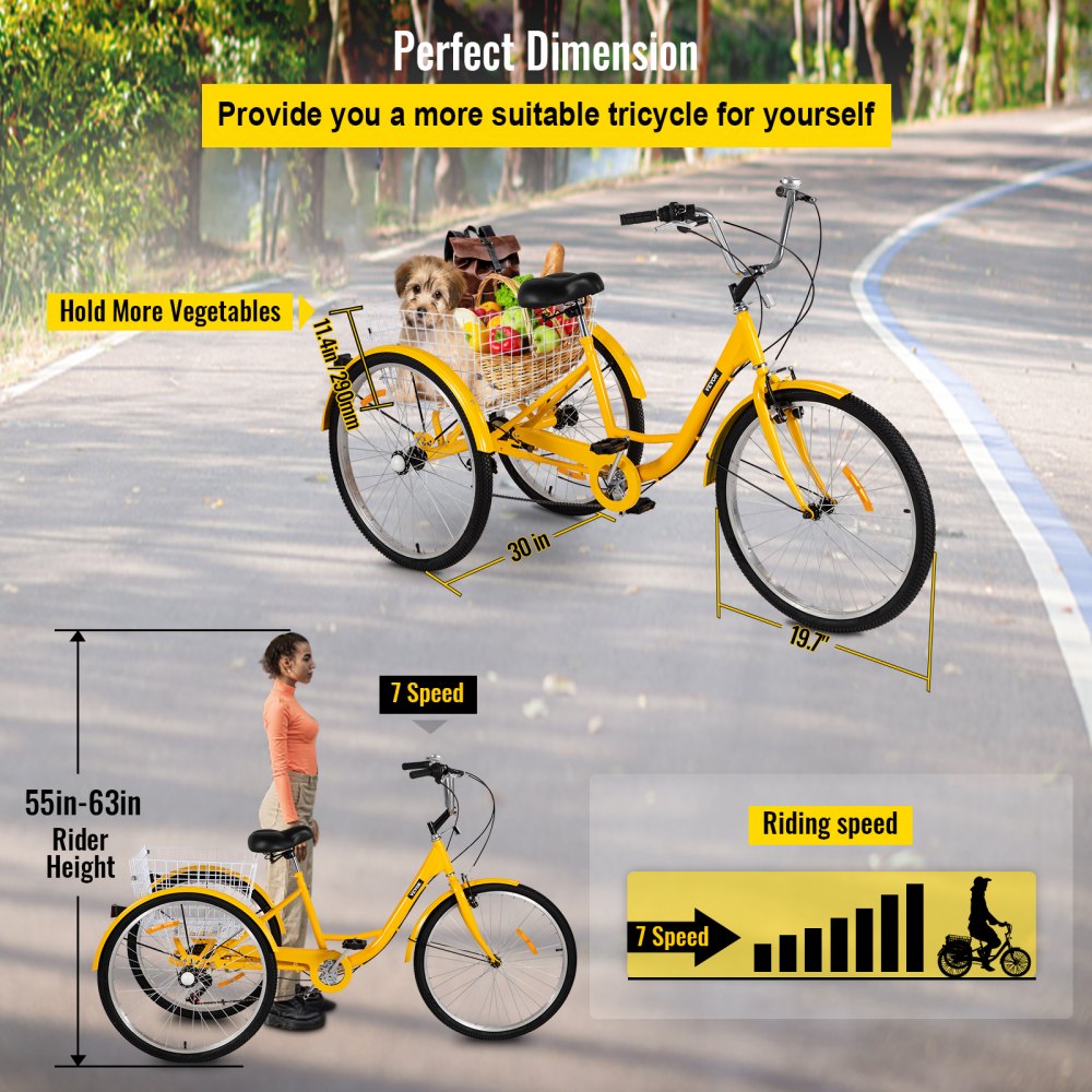 VEVOR Adult Tricycle 1 Speed 7 Speed Size Cruise Bike 20 Inch Adjustable Trike with Bell, Brake System Cruiser Bicycles Large Size Basket for Recreation Shopping Exercise