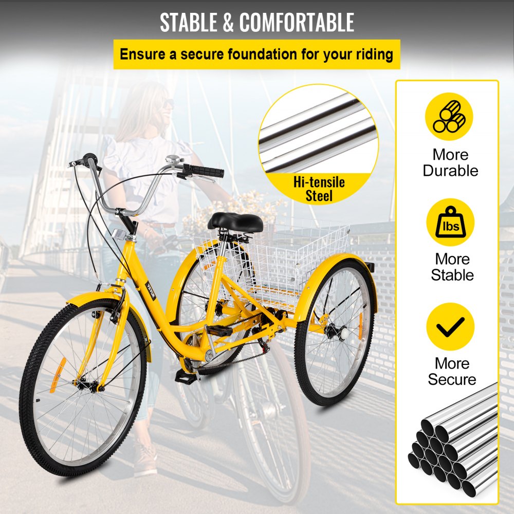 VEVOR Adult Tricycle 1 Speed 7 Speed Size Cruise Bike 20 Inch Adjustable Trike with Bell, Brake System Cruiser Bicycles Large Size Basket for Recreation Shopping Exercise