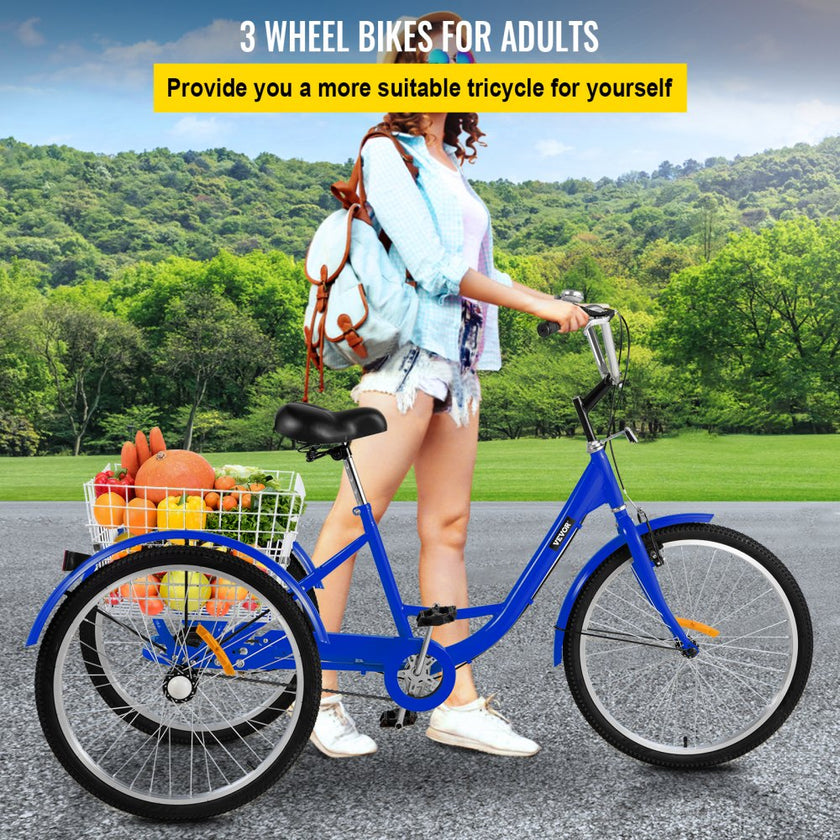 VEVOR Tricycle Adult 24 INCH Three Wheels Adult Tricycle 1 Speed 3 Wheel Bikes for Adults Folded for Easy Move and with Large Basket Great for Recreation Shopping and Exercises(Blue)