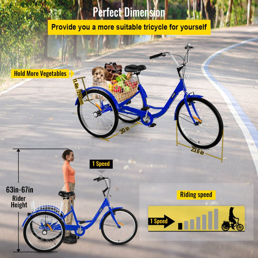VEVOR Tricycle Adult 24 INCH Three Wheels Adult Tricycle 1 Speed 3 Wheel Bikes for Adults Folded for Easy Move and with Large Basket Great for Recreation Shopping and Exercises(Blue)