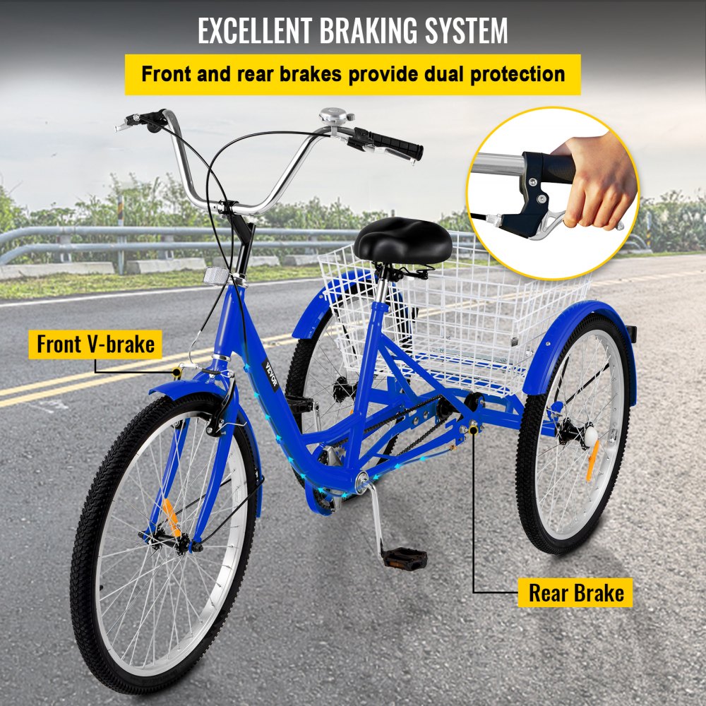 VEVOR Tricycle Adult 24 INCH Three Wheels Adult Tricycle 1 Speed 3 Wheel Bikes for Adults Folded for Easy Move and with Large Basket Great for Recreation Shopping and Exercises(Blue)