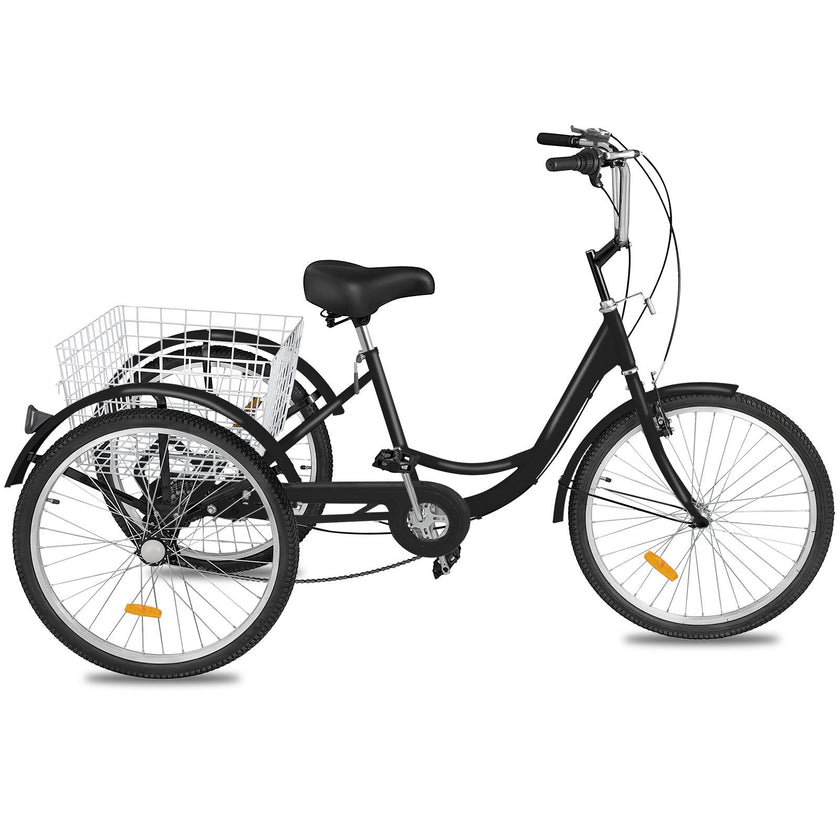 VEVOR Adult Tricycle Single Speed 7 Speed Three Wheel Bike Cruise Bike 24inch Seat Adjustable Trike with Bell, Brake System and Basket Cruiser Bicycles Size for Shopping
