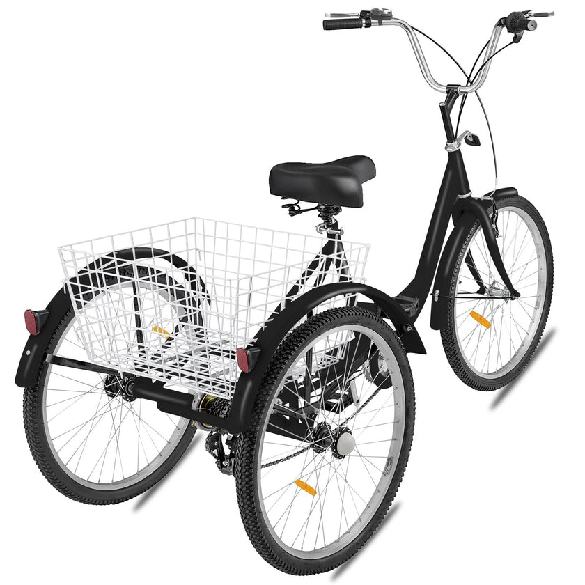 VEVOR Adult Tricycle Single Speed 7 Speed Three Wheel Bike Cruise Bike 24inch Seat Adjustable Trike with Bell, Brake System and Basket Cruiser Bicycles Size for Shopping