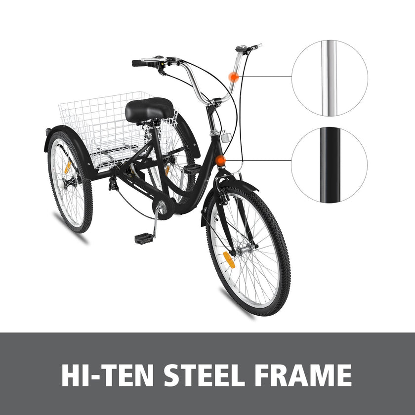 VEVOR Adult Tricycle Single Speed 7 Speed Three Wheel Bike Cruise Bike 24inch Seat Adjustable Trike with Bell, Brake System and Basket Cruiser Bicycles Size for Shopping