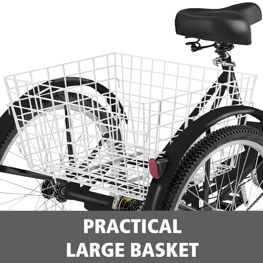 VEVOR Adult Tricycle Single Speed 7 Speed Three Wheel Bike Cruise Bike 24inch Seat Adjustable Trike with Bell, Brake System and Basket Cruiser Bicycles Size for Shopping