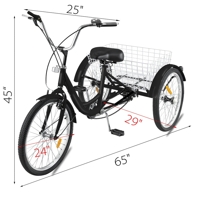 VEVOR Adult Tricycle Single Speed 7 Speed Three Wheel Bike Cruise Bike 24inch Seat Adjustable Trike with Bell, Brake System and Basket Cruiser Bicycles Size for Shopping
