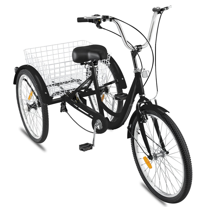 VEVOR Adult Tricycle Single Speed 7 Speed Three Wheel Bike Cruise Bike 24inch Seat Adjustable Trike with Bell, Brake System and Basket Cruiser Bicycles Size for Shopping