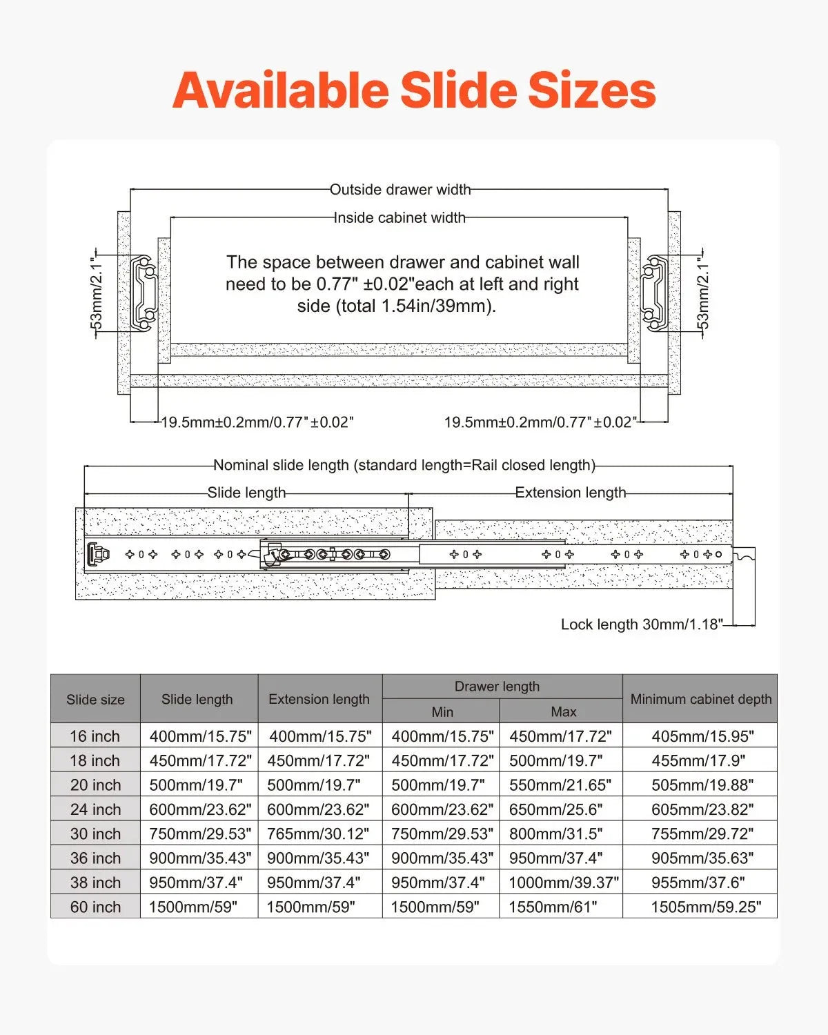 VEVOR 1 Pair Full Extension Drawer Slides 16 18 20 24 30 35 37.4 59 24 32 36 40 48 60 in, 250 lbs Load Capacity Locking Drawer Slides, Ball Bearing with Lock Side Mount Drawer