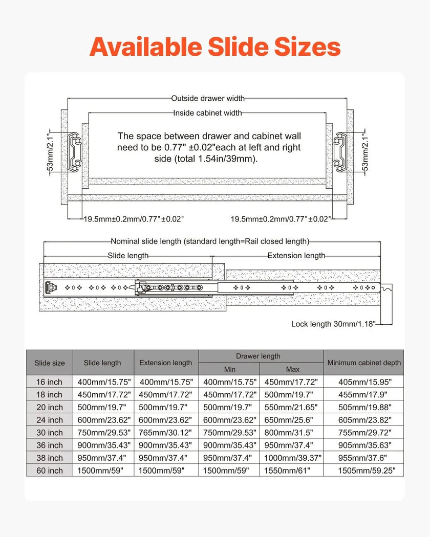 VEVOR 1 Pair Full Extension Drawer Slides 16 18 20 24 30 35 37.4 59 24 32 36 40 48 60 in, 250 lbs Load Capacity Locking Drawer Slides, Ball Bearing with Lock Side Mount Drawer