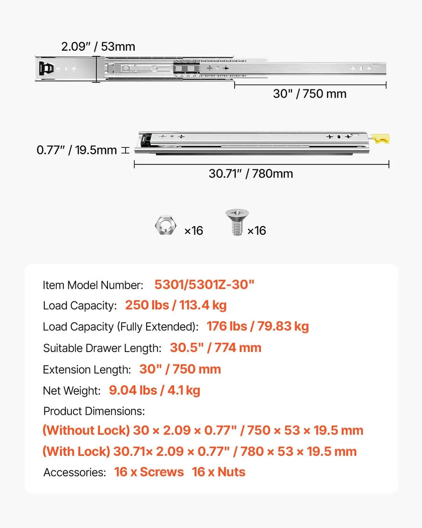 VEVOR 1 Pair Full Extension Drawer Slides 16 18 20 24 30 35 37.4 59 24 32 36 40 48 60 in, 250 lbs Load Capacity Locking Drawer Slides, Ball Bearing with Lock Side Mount Drawer