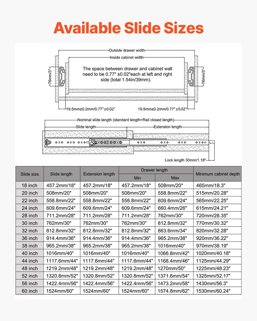 VEVOR Heavy-Duty Full Extension Drawer Slides, 18–60 in, 500 lbs Load Capacity, Ball Bearing Side Mount with Lock – 1 Pair