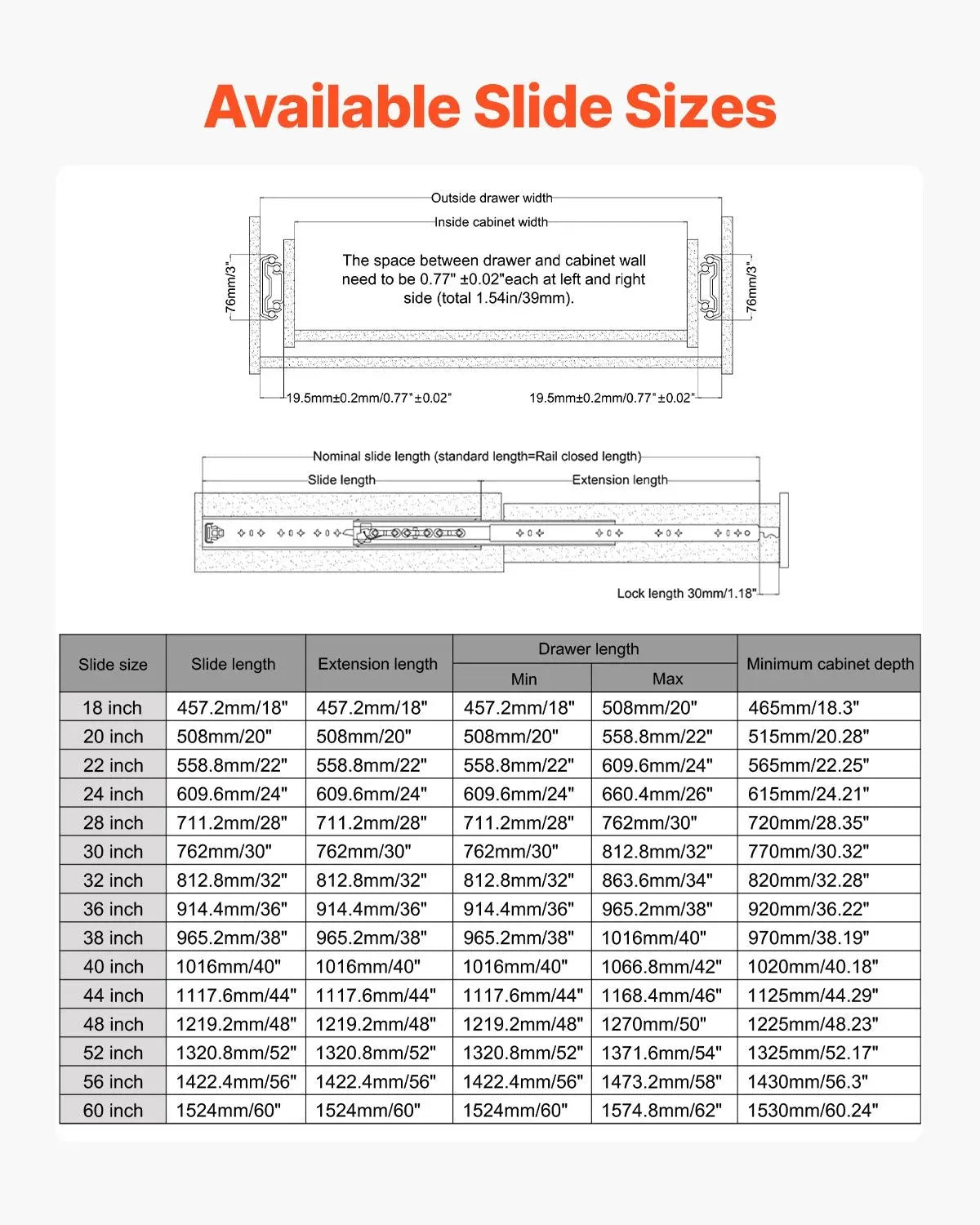 VEVOR 1 Pair Full Extension Drawer Slides 18–60 in, 500 lbs Load Capacity, Locking Ball Bearing Side Mount Rails