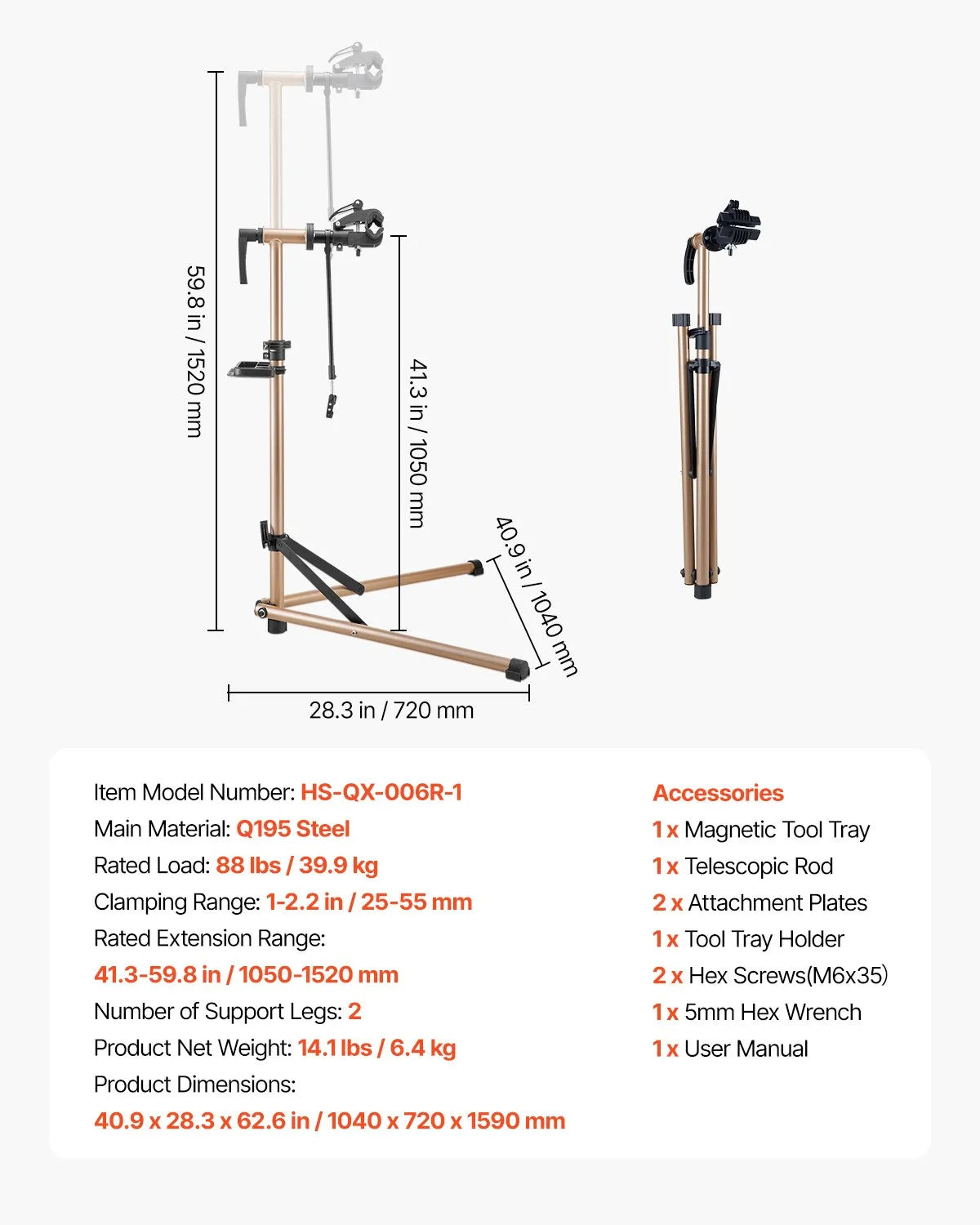 VEVOR Bike Repair Stand 88 lb Adjustable Bicycle Maintenance Rack with Tool Tray