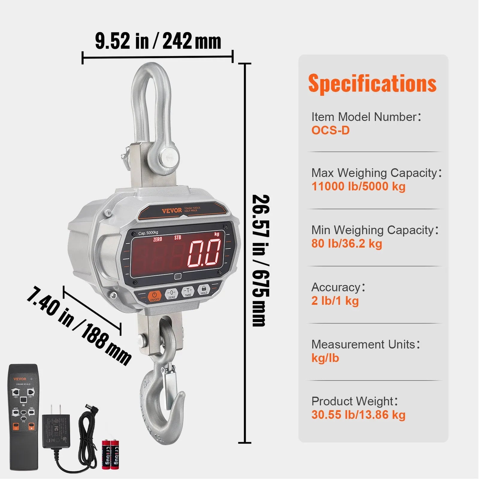 VEVOR Digital Crane Scale, 11000 lbs/5000 kg, Industrial Heavy Duty Hanging Scale with Remote Control, Cast Aluminum Case & LED Screen, High Precision for Construction, Factory, Farm, Hunting (Silver)