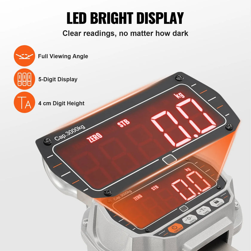 VEVOR Digital Crane Scale, 6600 lbs/3000 kg, Industrial Heavy Duty Hanging Scale with Remote Control, Cast Aluminum Case & LED Screen, High Precision for Construction, Factory, Farm, Hunting (Silver)