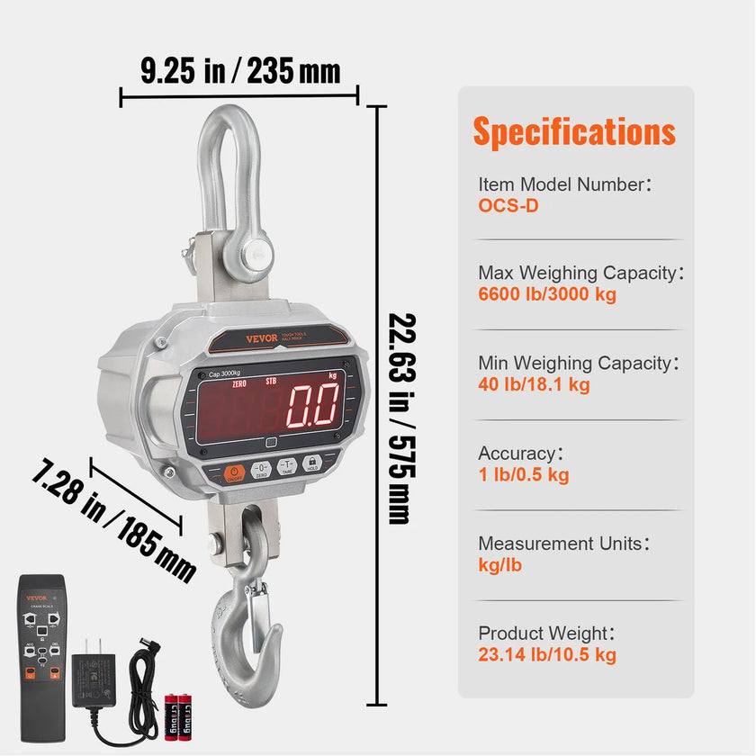 VEVOR Digital Crane Scale, 6600 lbs/3000 kg, Industrial Heavy Duty Hanging Scale with Remote Control, Cast Aluminum Case & LED Screen, High Precision for Construction, Factory, Farm, Hunting (Silver)