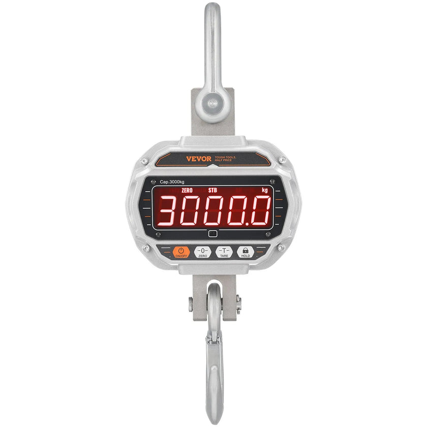 VEVOR Digital Crane Scale, 6600 lbs/3000 kg, Industrial Heavy Duty Hanging Scale with Remote Control, Cast Aluminum Case & LED Screen, High Precision for Construction, Factory, Farm, Hunting (Silver)