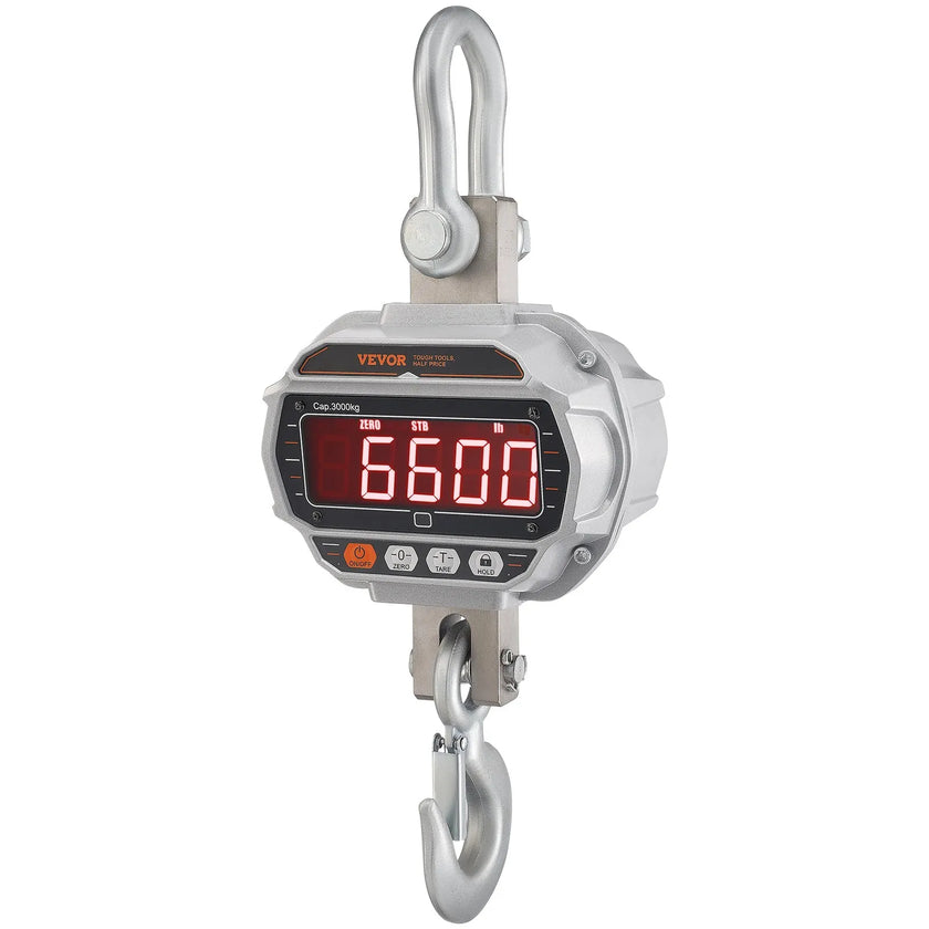 VEVOR Digital Crane Scale, 6600 lbs/3000 kg, Industrial Heavy Duty Hanging Scale with Remote Control, Cast Aluminum Case & LED Screen, High Precision for Construction, Factory, Farm, Hunting (Silver)