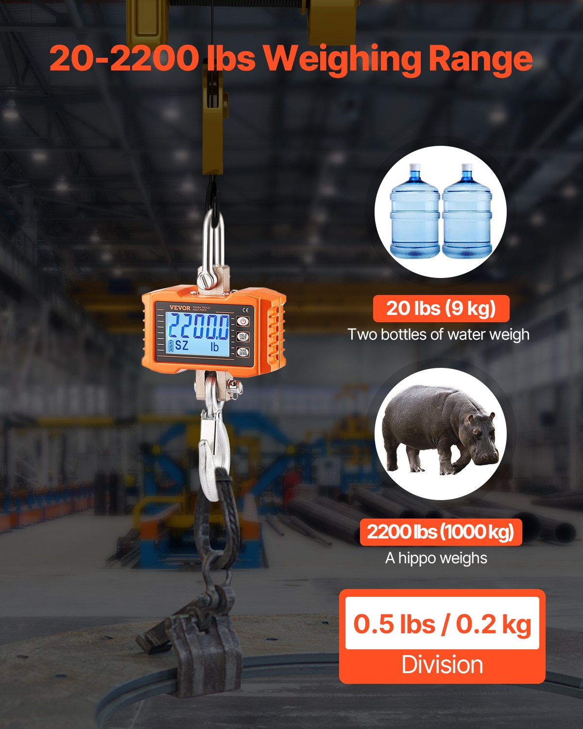 VEVOR Digital Crane Scale Industrial Hanging Scale 2200 lbs/1000 kg Heavy Duty