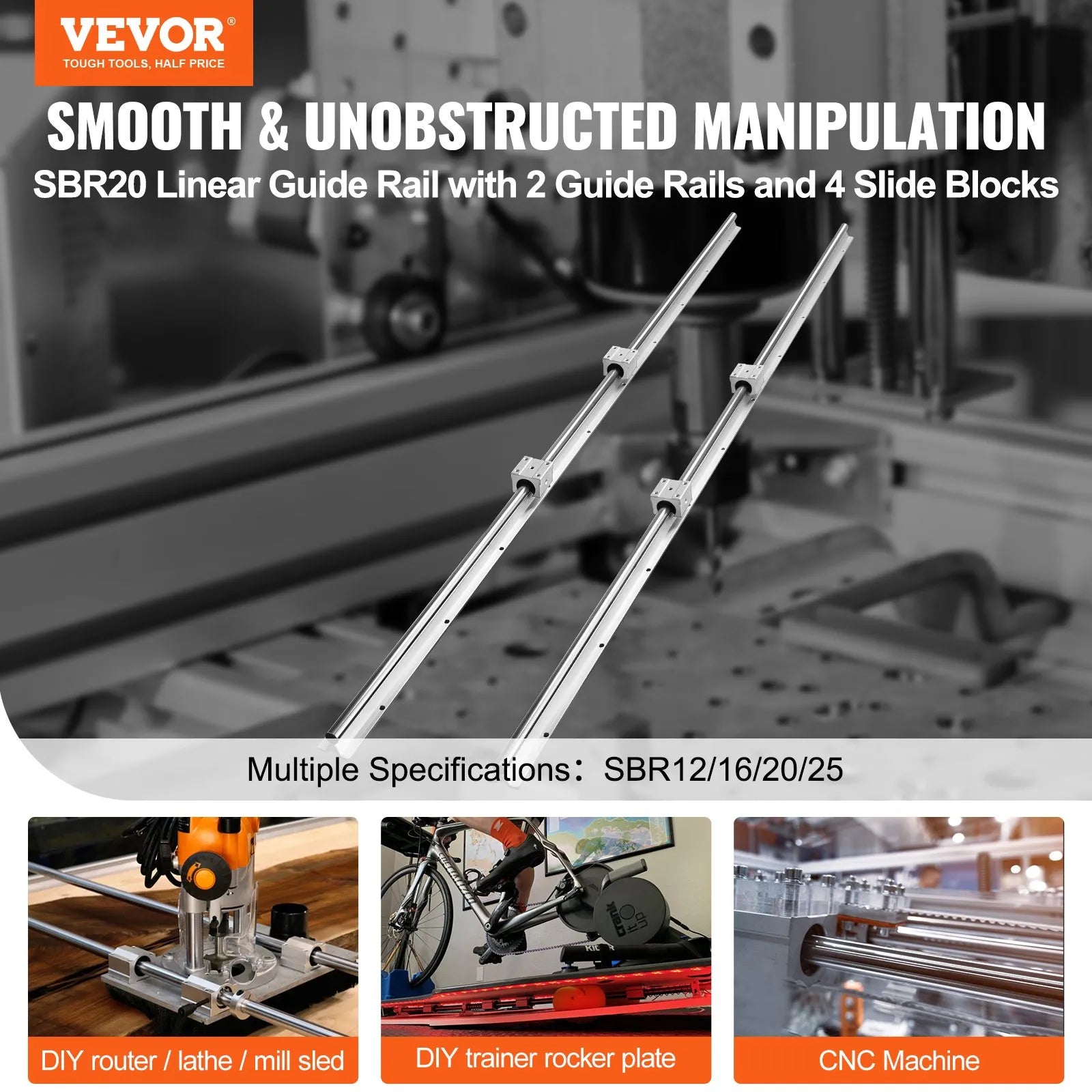 VEVOR Linear Guide Rail Set, SBR20 1500mm, 2 PCS 59 in/1500 mm SBR20 Guide Rails and 4 PCS SBR20UU Slide Blocks, Linear Rails and Bearings Kit for Automated Machines DIY Project CNC Router Machines