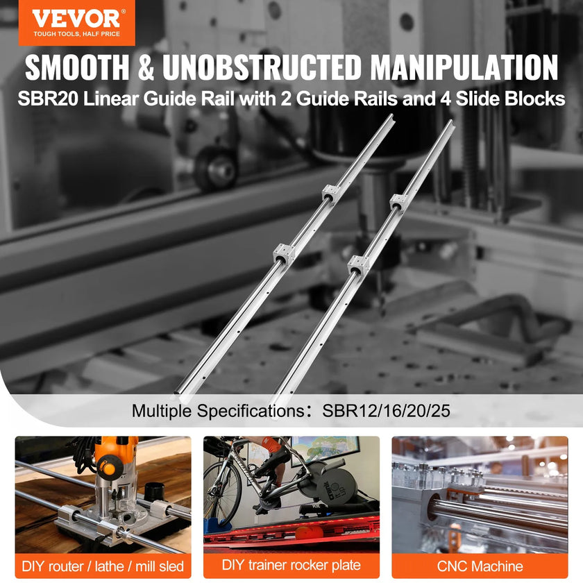 VEVOR Linear Guide Rail Set, SBR20 1500mm, 2 PCS 59 in/1500 mm SBR20 Guide Rails and 4 PCS SBR20UU Slide Blocks, Linear Rails and Bearings Kit for Automated Machines DIY Project CNC Router Machines