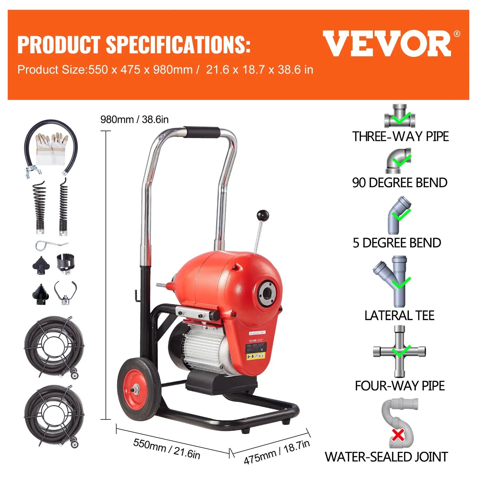 VEVOR Drain Cleaner Machine 120FT x 6/5